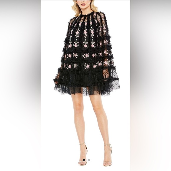 Mac Duggal 8031 NWT Embroidered Long Flare Sleeve Mesh A-Line Dress - Picture 1 of 8